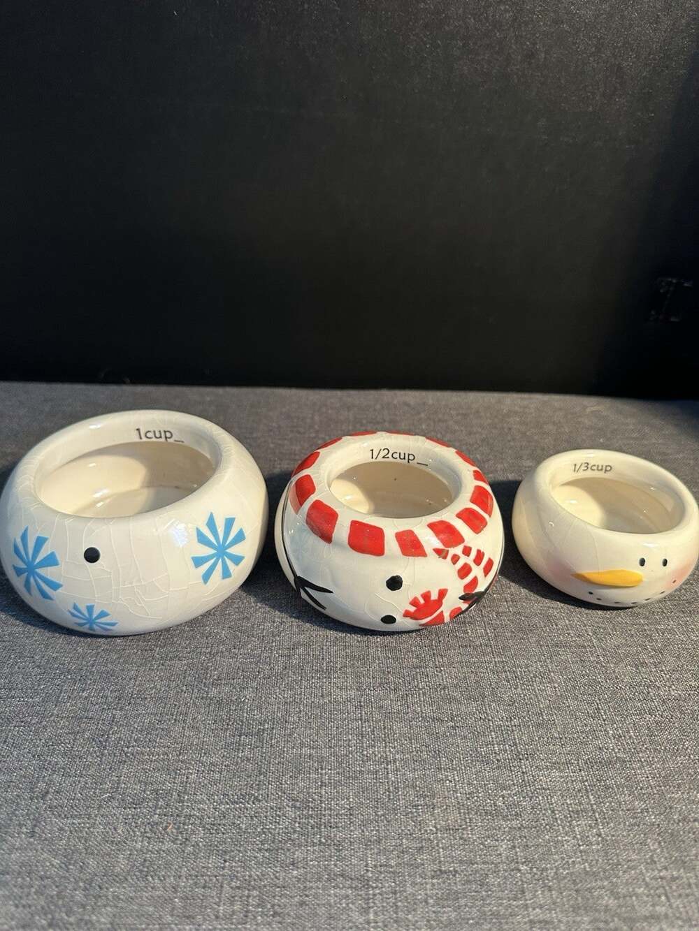 Pier 1 Imports Snowman Measuring Cups Set of 3 Hand Painted Ceramic Christmas
